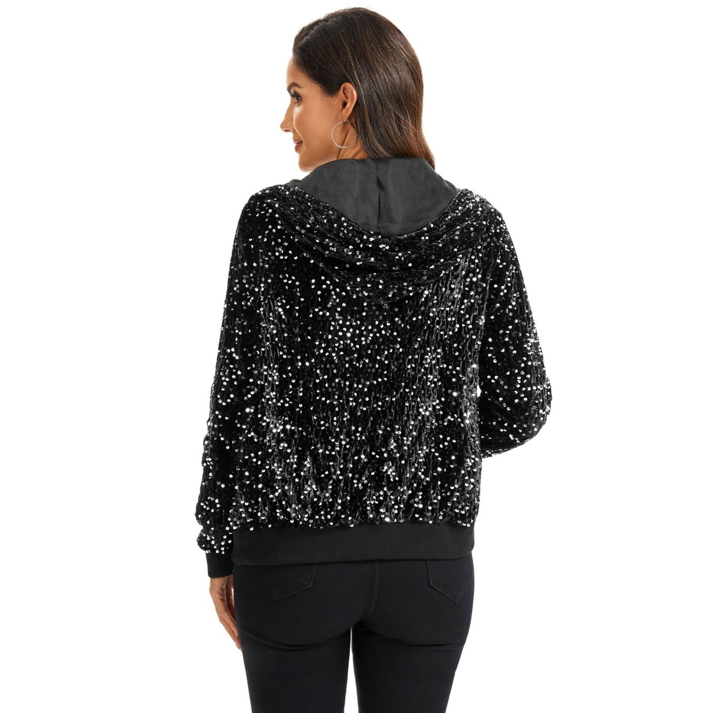 Hooded Sequin Jacket with Front Zipper Closure and Ribbed Trim
