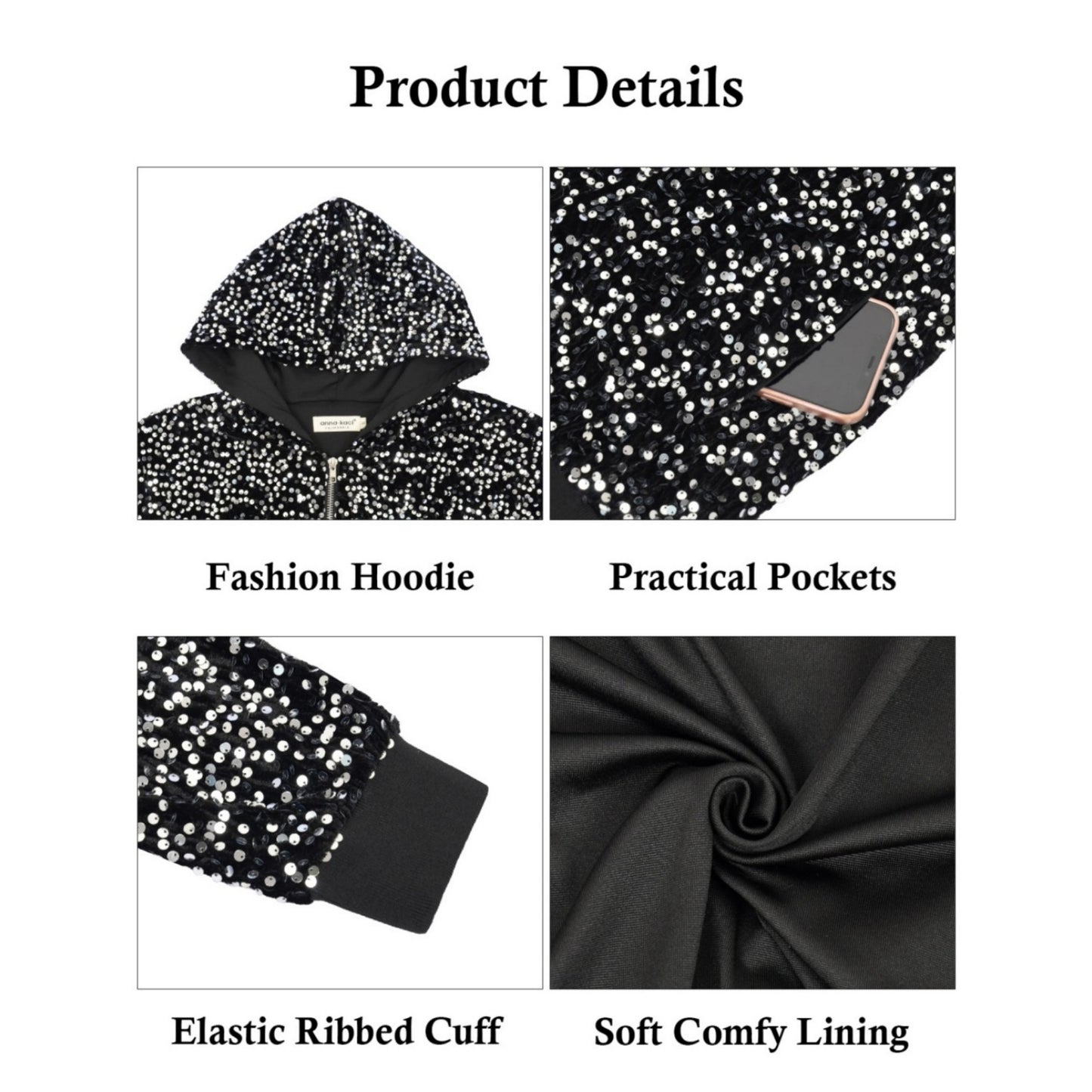 Hooded Sequin Jacket with Front Zipper Closure and Ribbed Trim