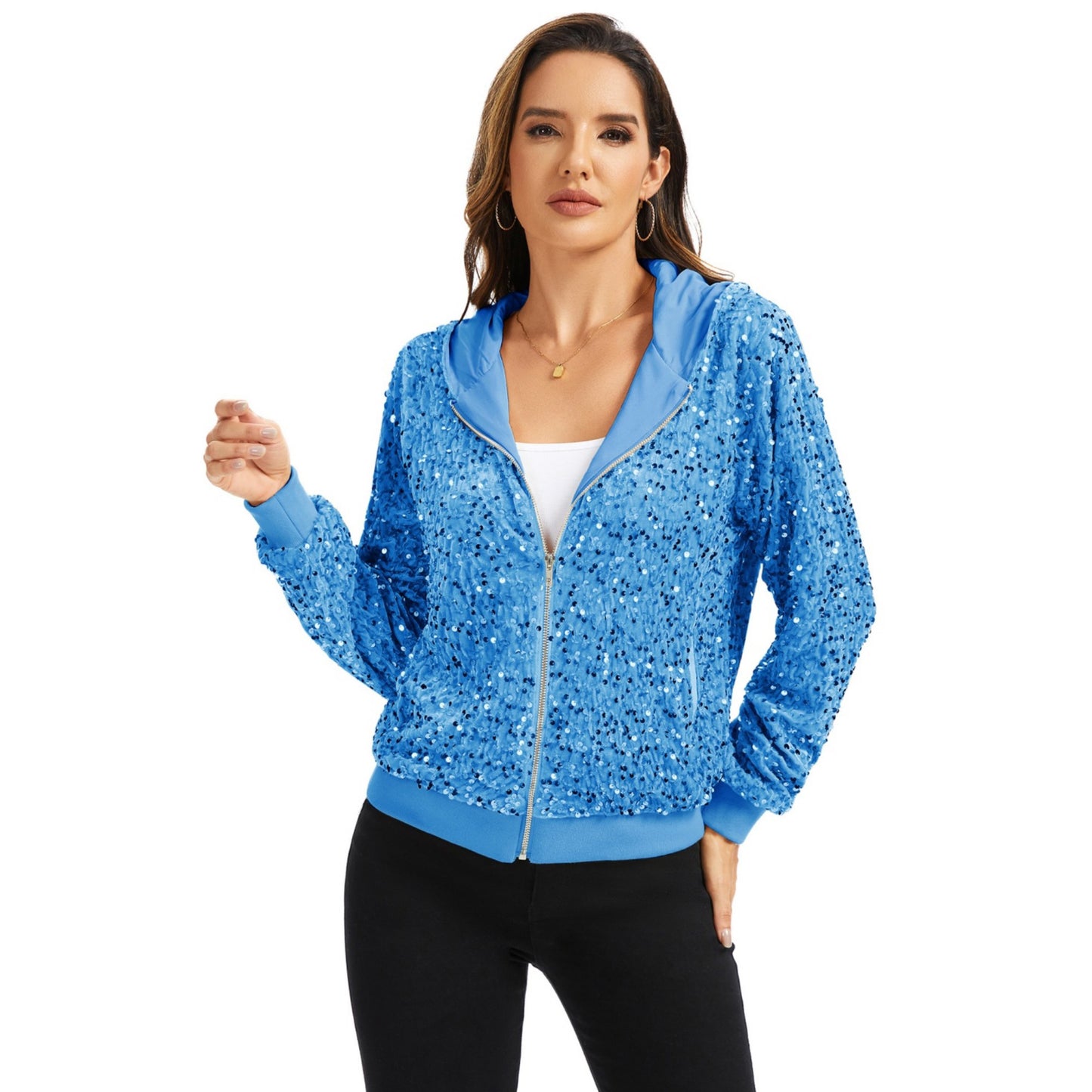 Hooded Sequin Jacket with Front Zipper Closure and Ribbed Trim