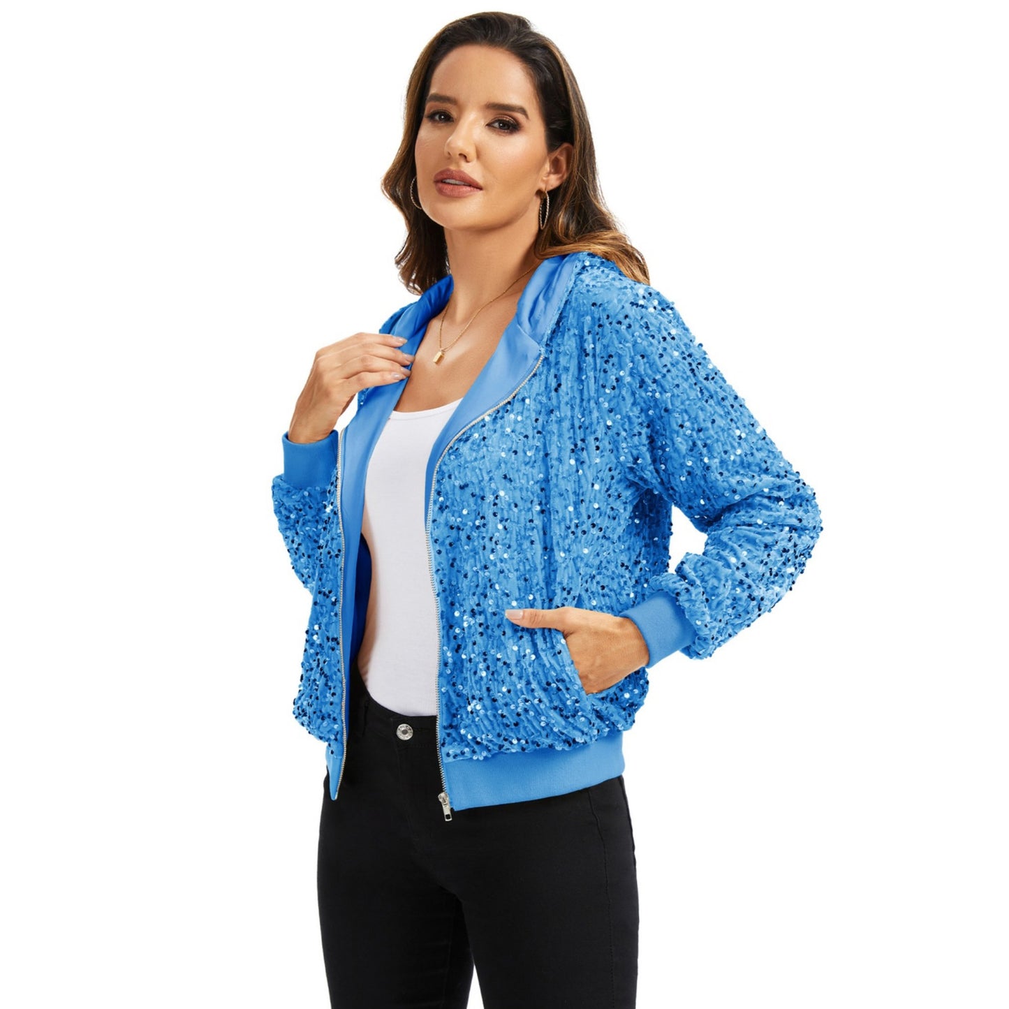 Hooded Sequin Jacket with Front Zipper Closure and Ribbed Trim