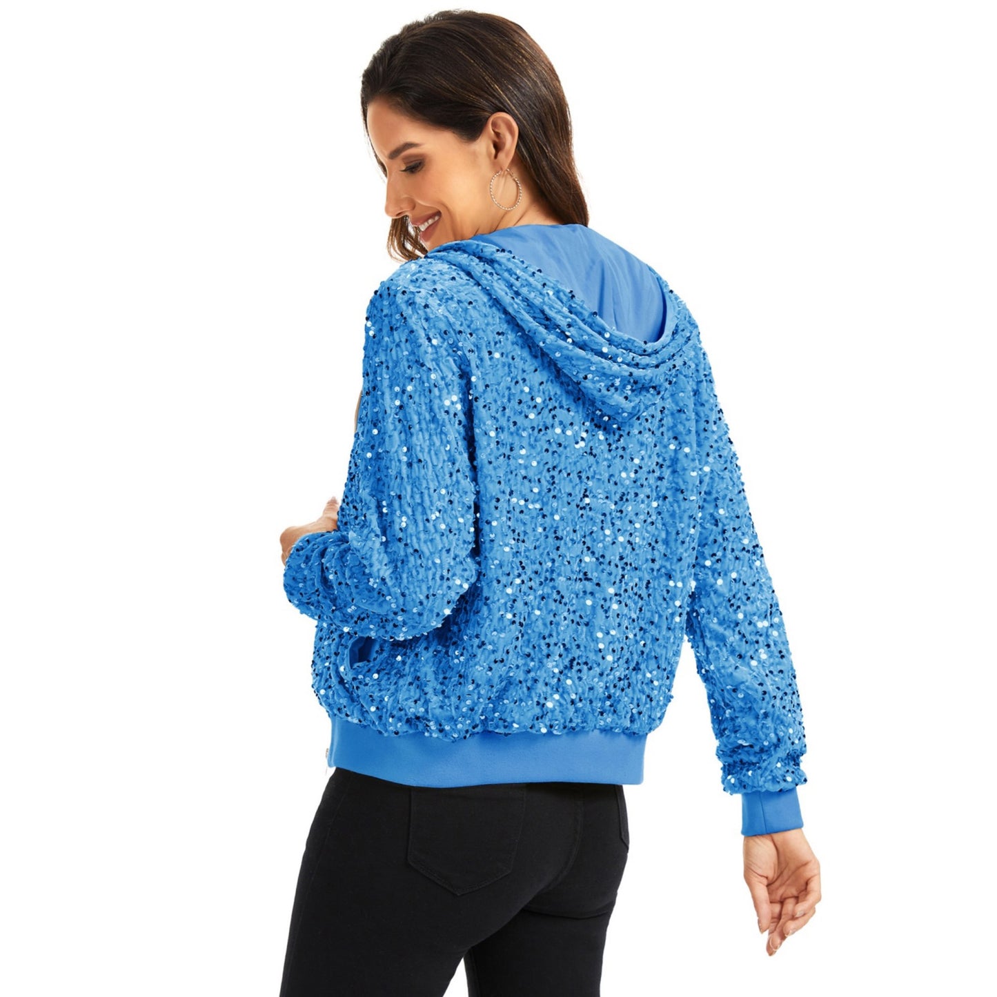 Hooded Sequin Jacket with Front Zipper Closure and Ribbed Trim