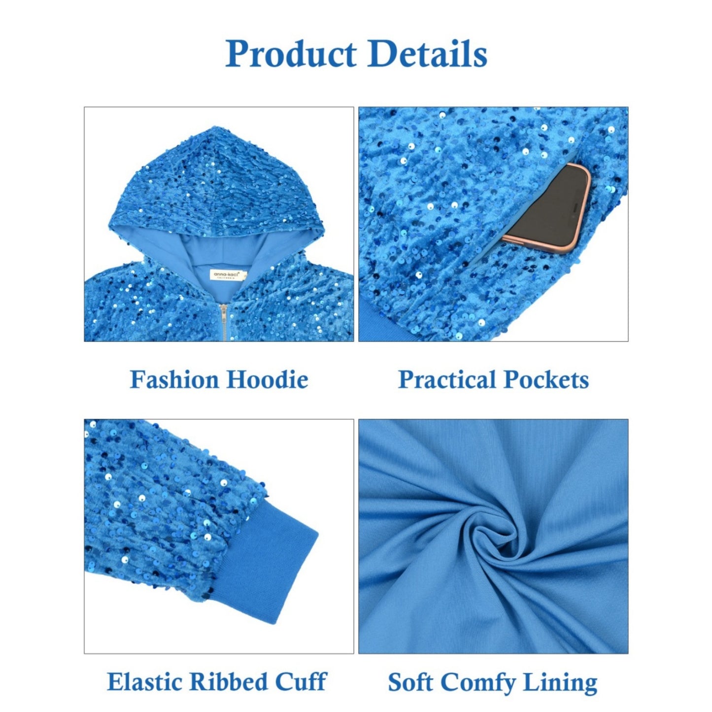 Hooded Sequin Jacket with Front Zipper Closure and Ribbed Trim