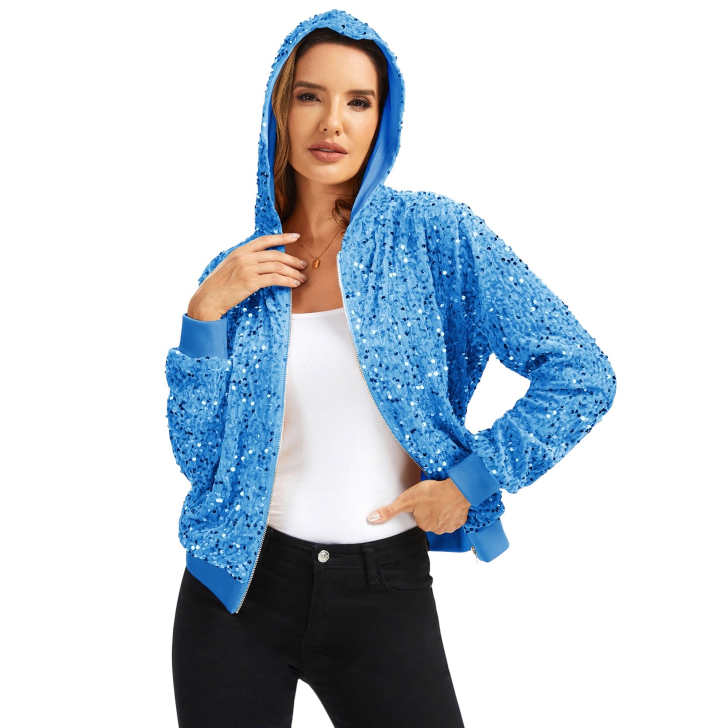 Hooded Sequin Jacket with Front Zipper Closure and Ribbed Trim