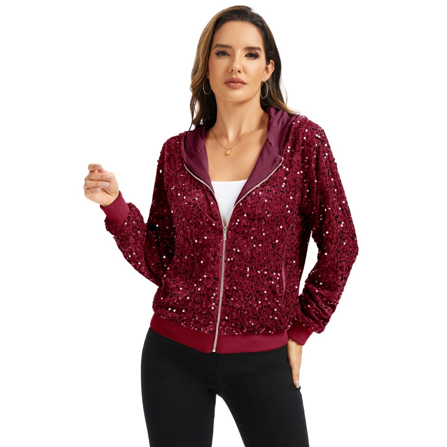 Hooded Sequin Jacket with Front Zipper Closure and Ribbed Trim