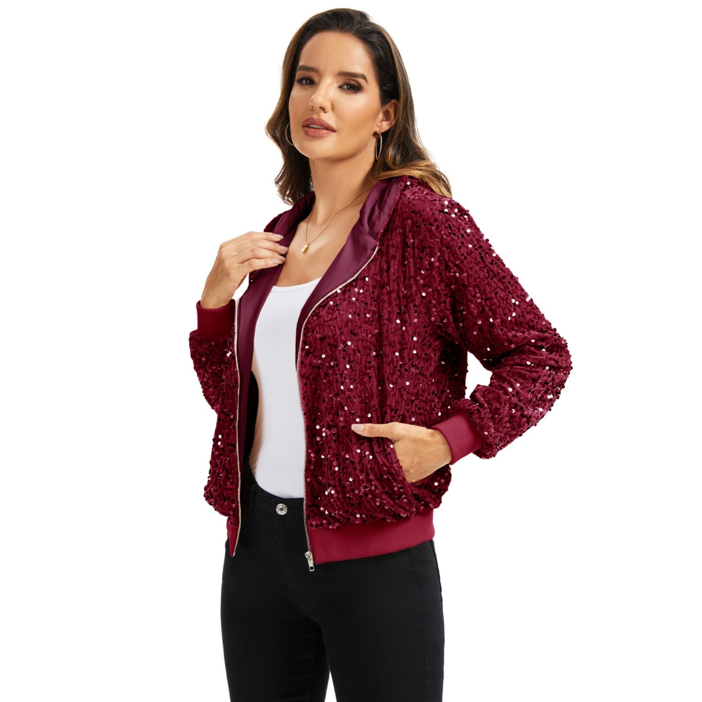 Hooded Sequin Jacket with Front Zipper Closure and Ribbed Trim