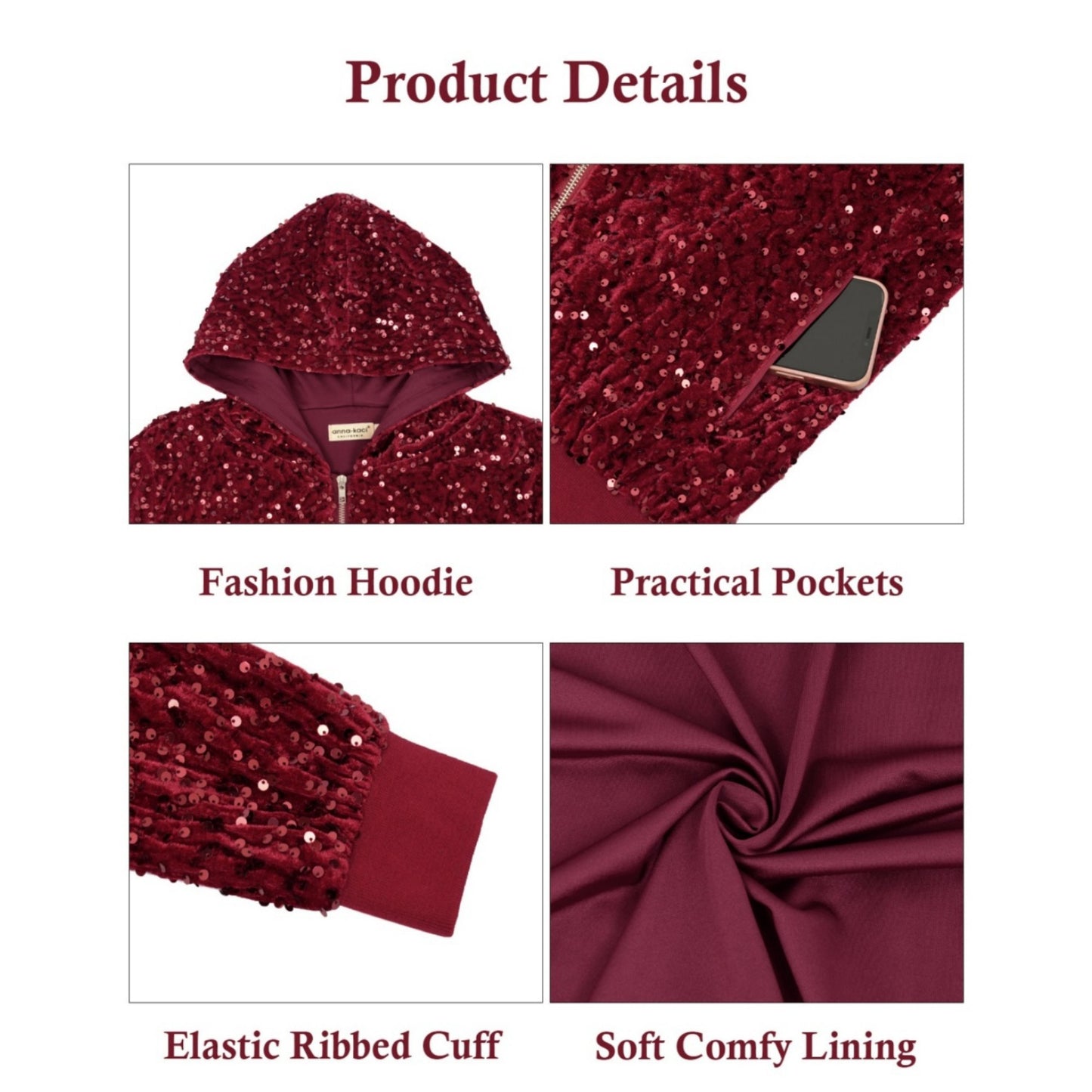 Hooded Sequin Jacket with Front Zipper Closure and Ribbed Trim