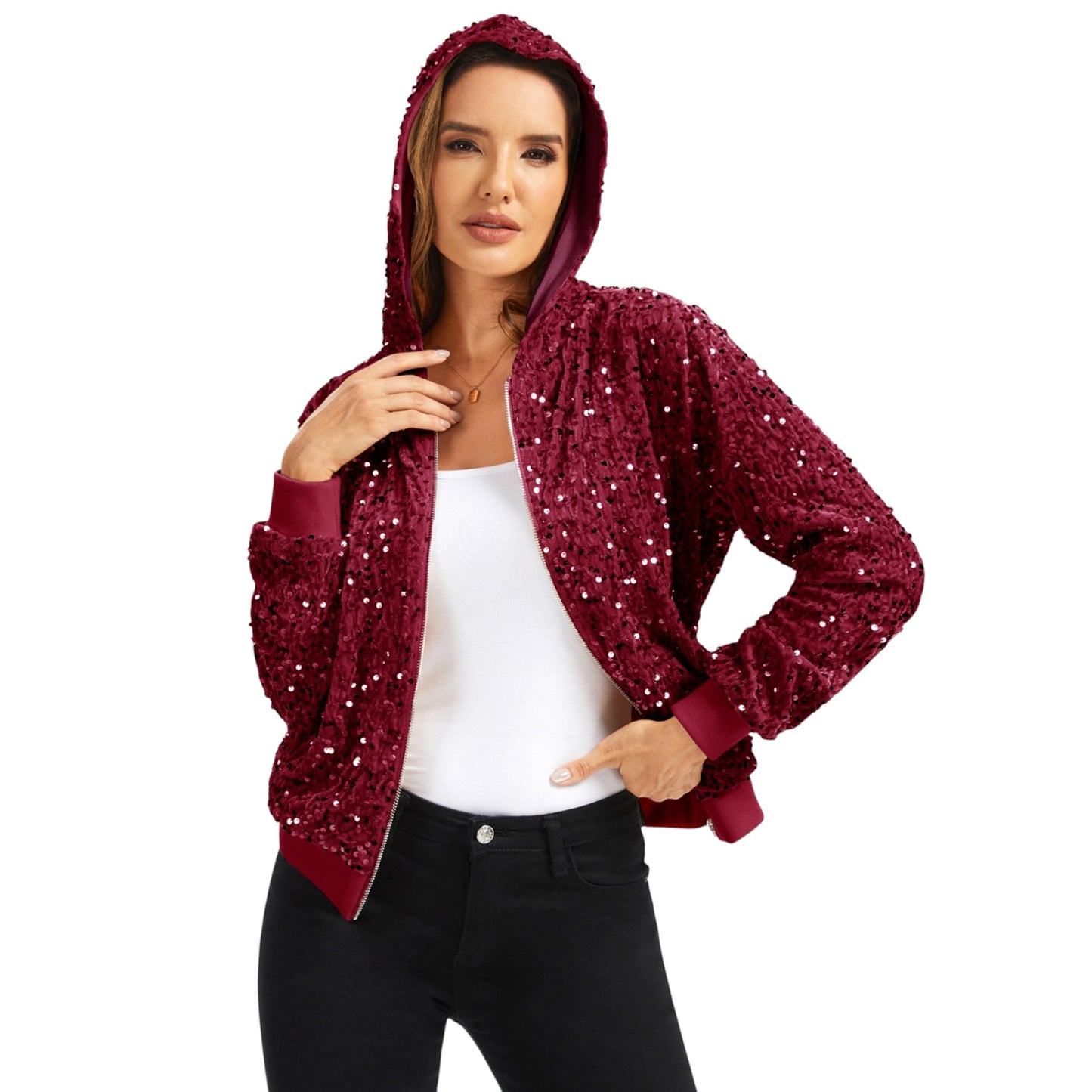 Hooded Sequin Jacket with Front Zipper Closure and Ribbed Trim