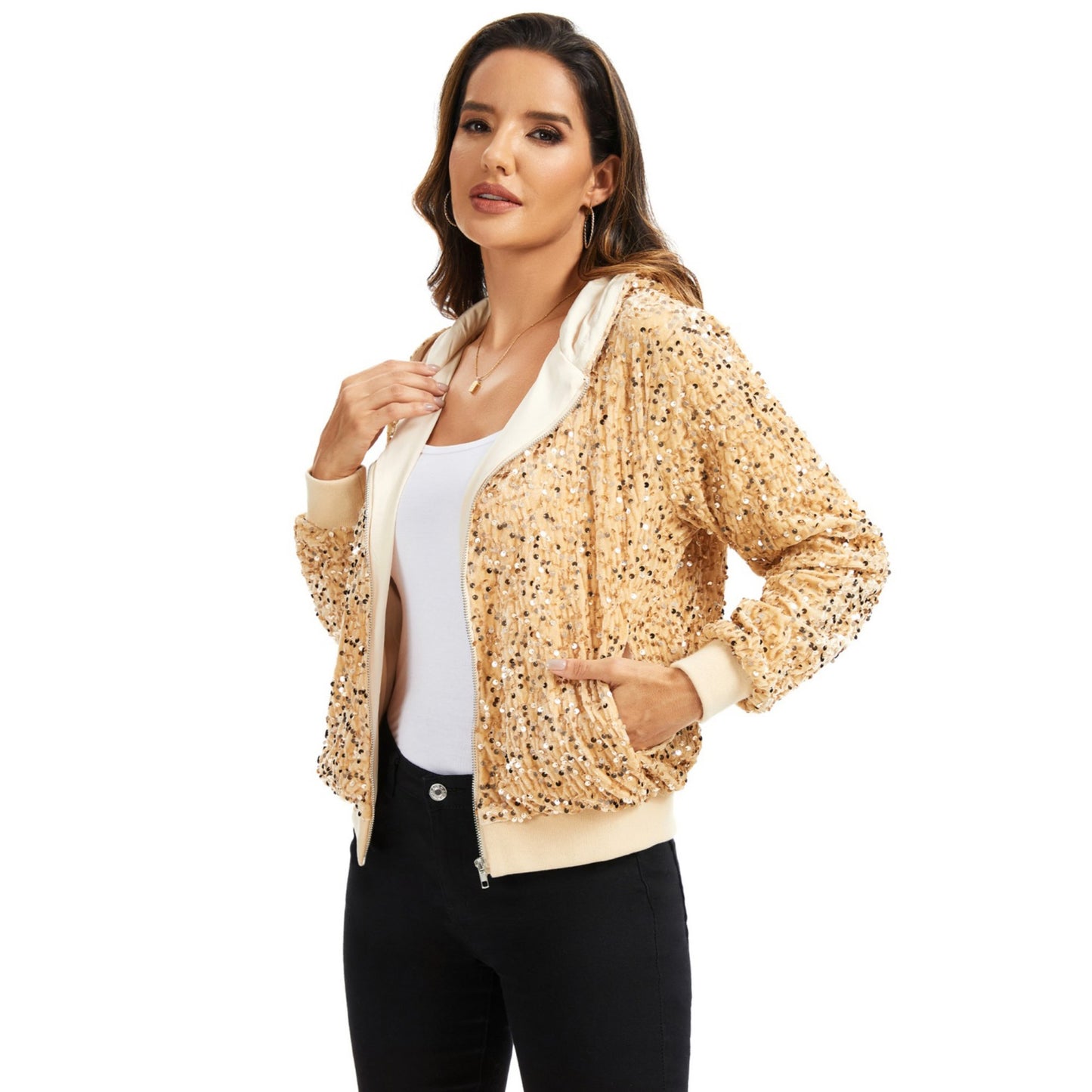 Hooded Sequin Jacket with Front Zipper Closure and Ribbed Trim