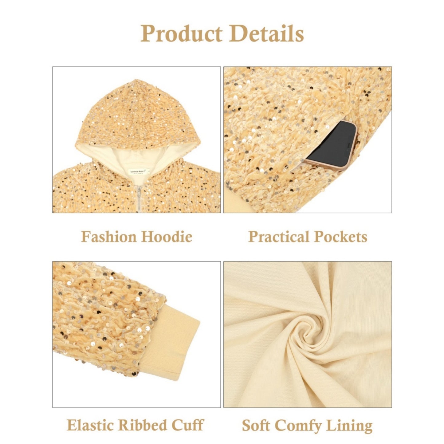 Hooded Sequin Jacket with Front Zipper Closure and Ribbed Trim