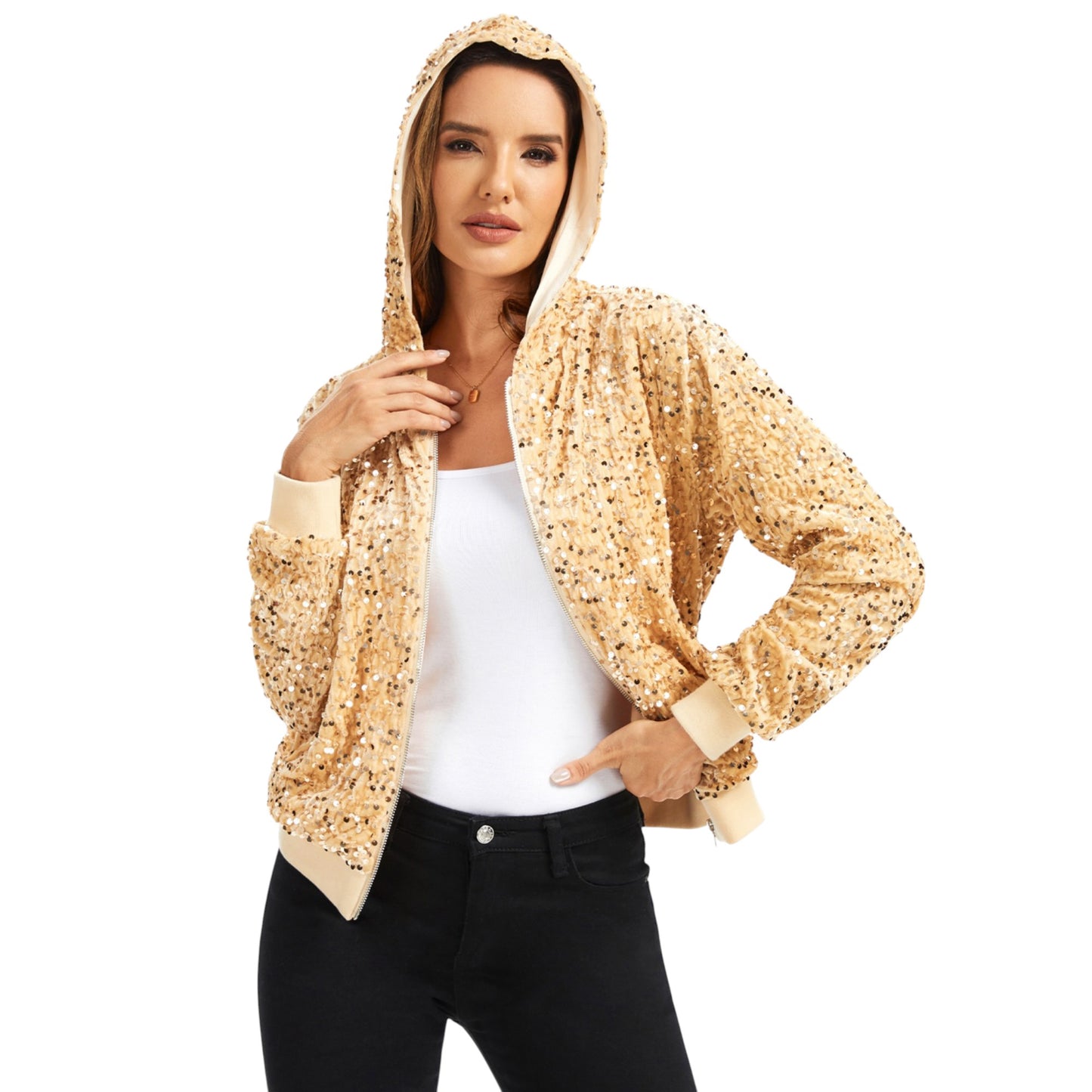 Hooded Sequin Jacket with Front Zipper Closure and Ribbed Trim