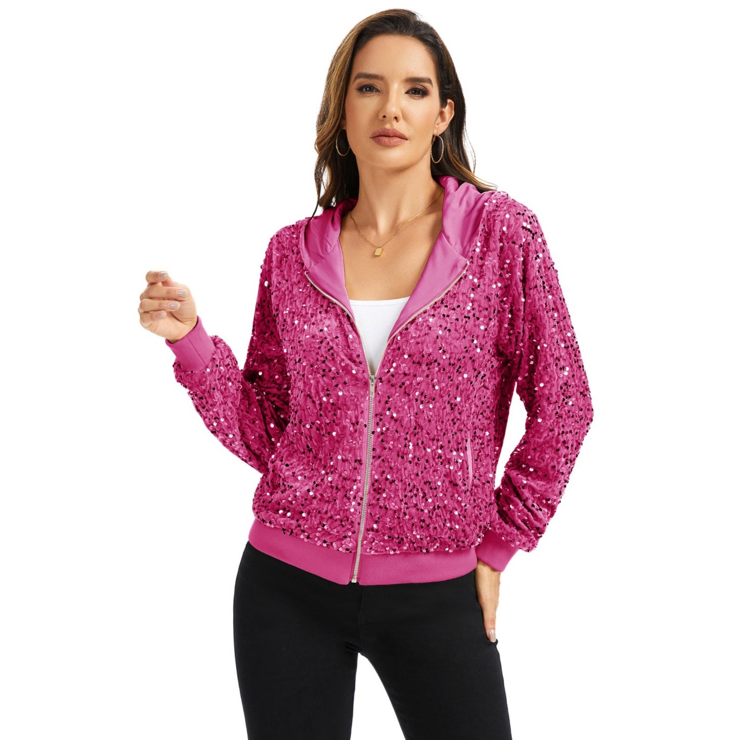 Hooded Sequin Jacket with Front Zipper Closure and Ribbed Trim