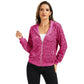 Hooded Sequin Jacket with Front Zipper Closure and Ribbed Trim