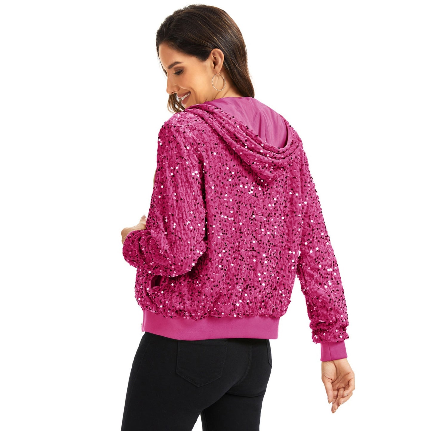 Hooded Sequin Jacket with Front Zipper Closure and Ribbed Trim