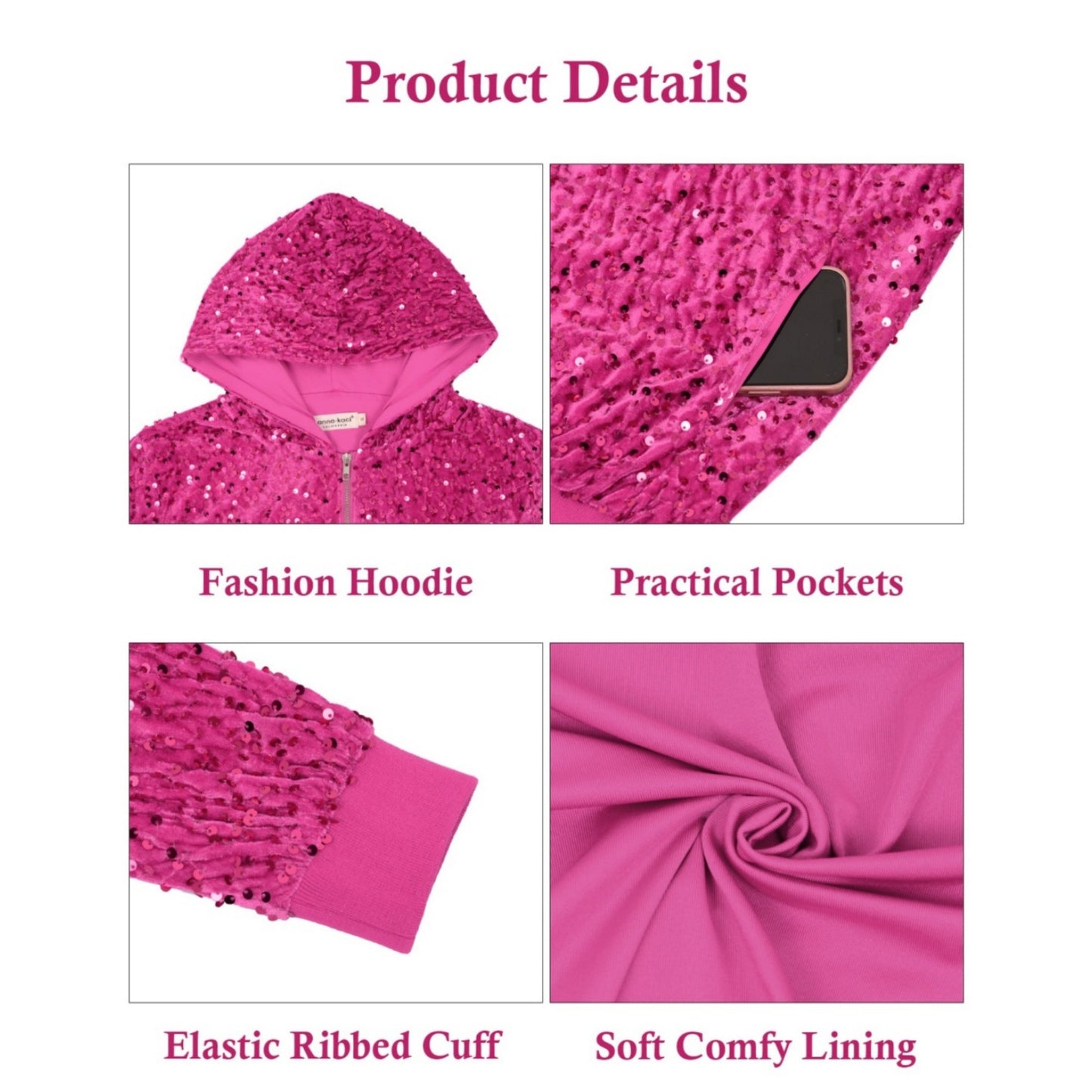 Hooded Sequin Jacket with Front Zipper Closure and Ribbed Trim