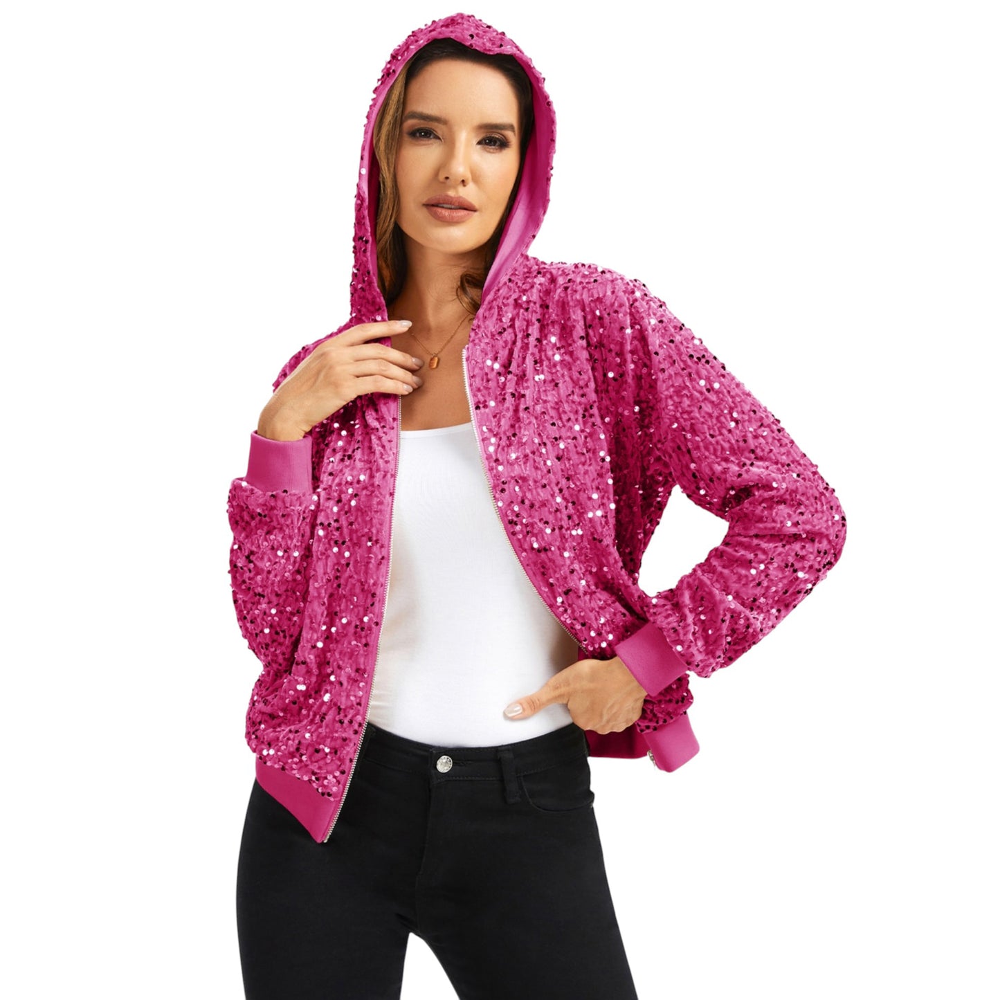 Hooded Sequin Jacket with Front Zipper Closure and Ribbed Trim