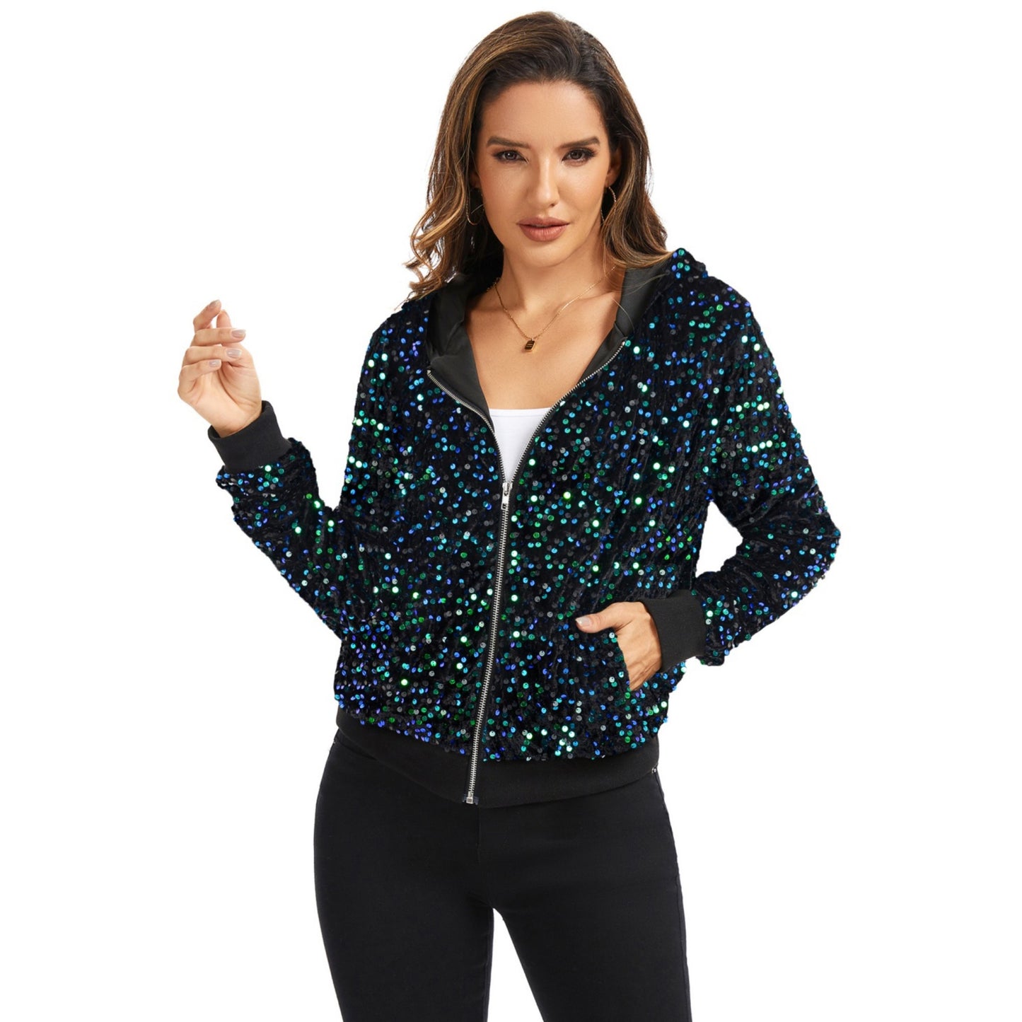 Hooded Sequin Jacket with Front Zipper Closure and Ribbed Trim