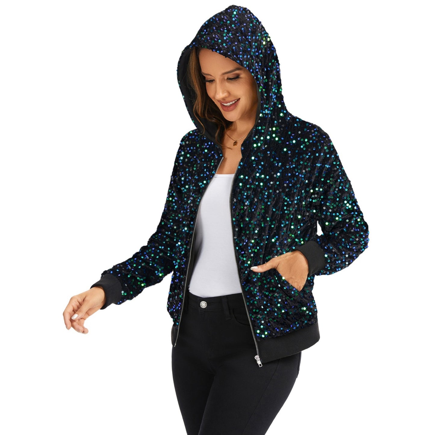 Hooded Sequin Jacket with Front Zipper Closure and Ribbed Trim