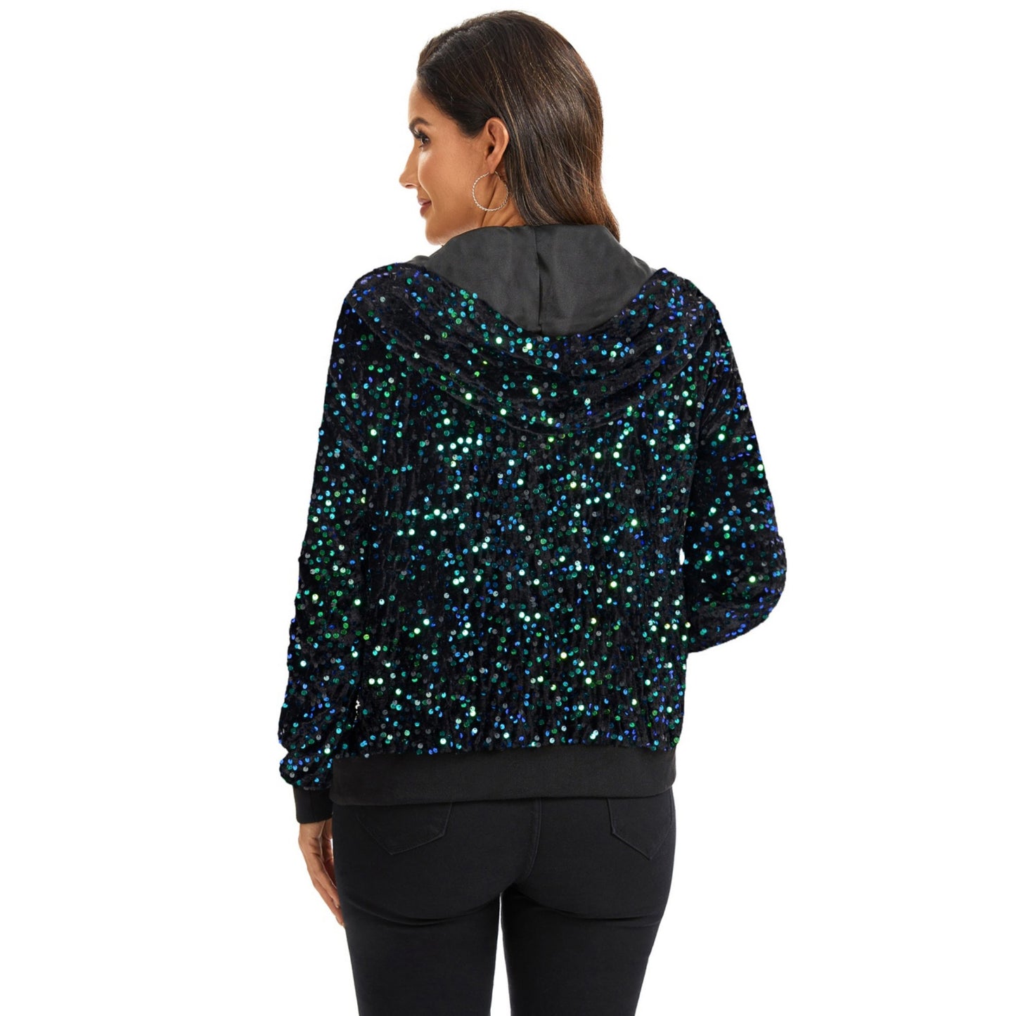 Hooded Sequin Jacket with Front Zipper Closure and Ribbed Trim