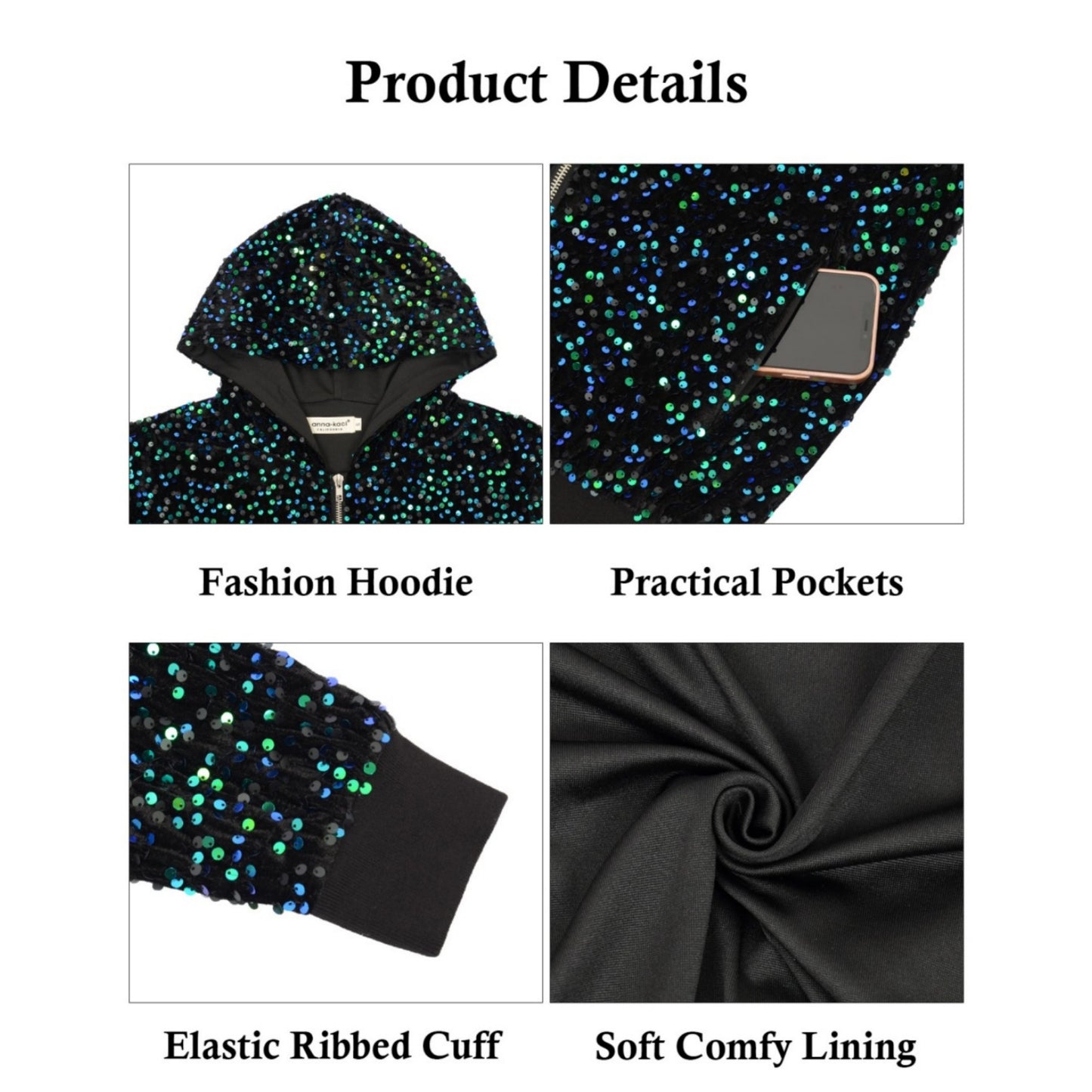 Hooded Sequin Jacket with Front Zipper Closure and Ribbed Trim