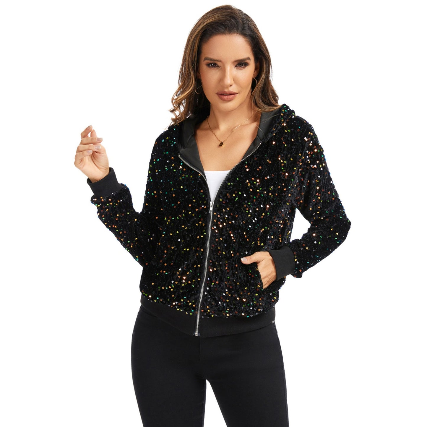 Hooded Sequin Jacket with Front Zipper Closure and Ribbed Trim