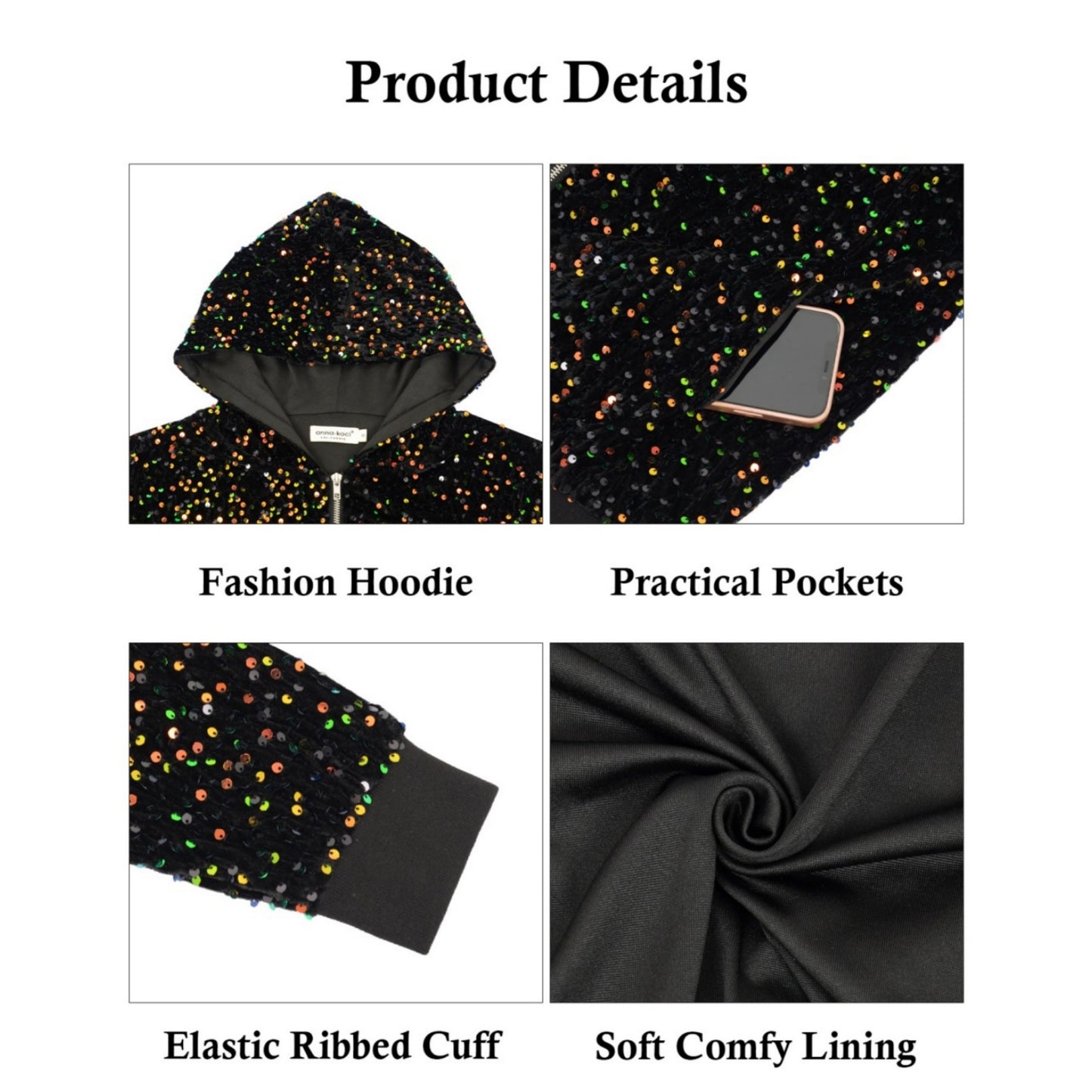 Hooded Sequin Jacket with Front Zipper Closure and Ribbed Trim