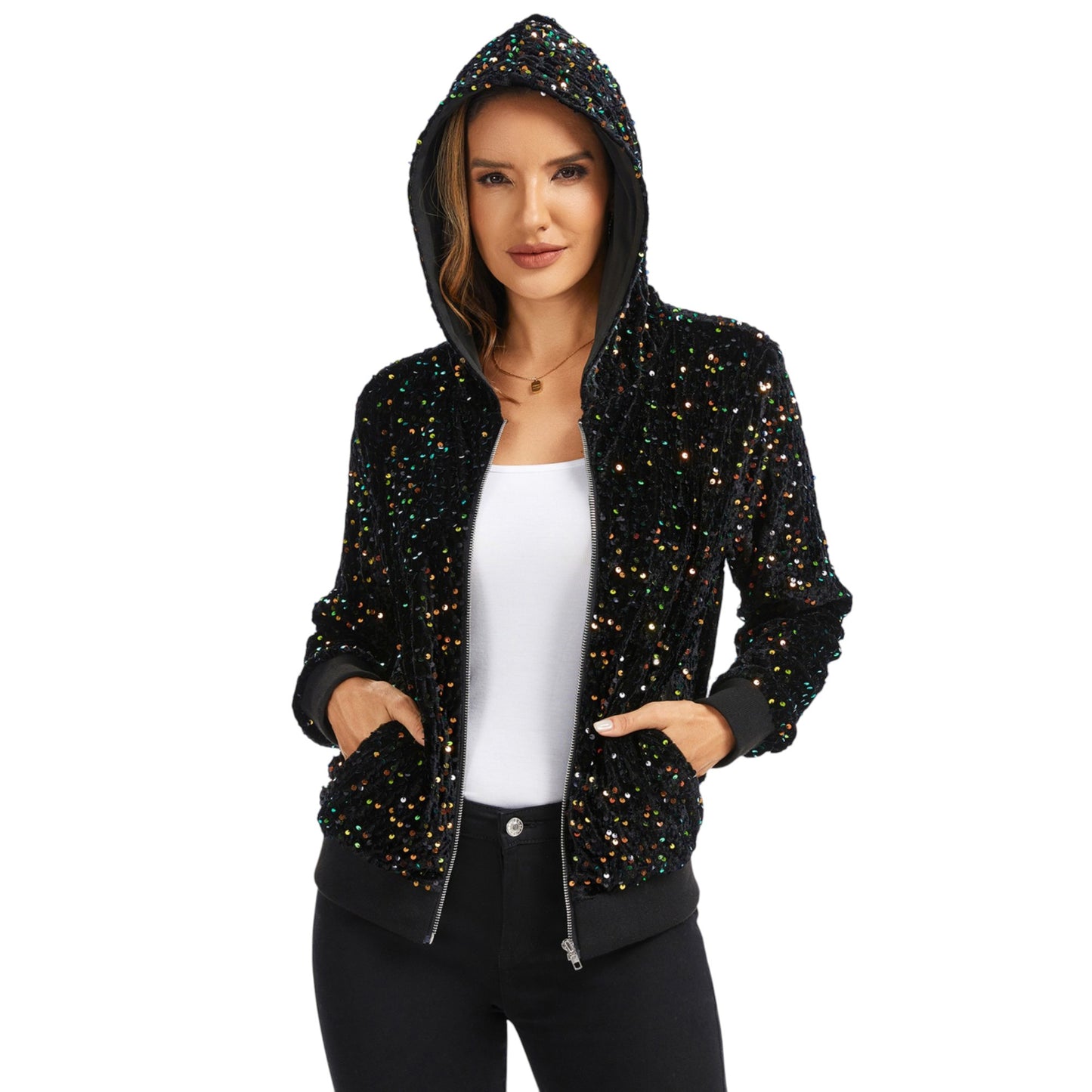 Hooded Sequin Jacket with Front Zipper Closure and Ribbed Trim