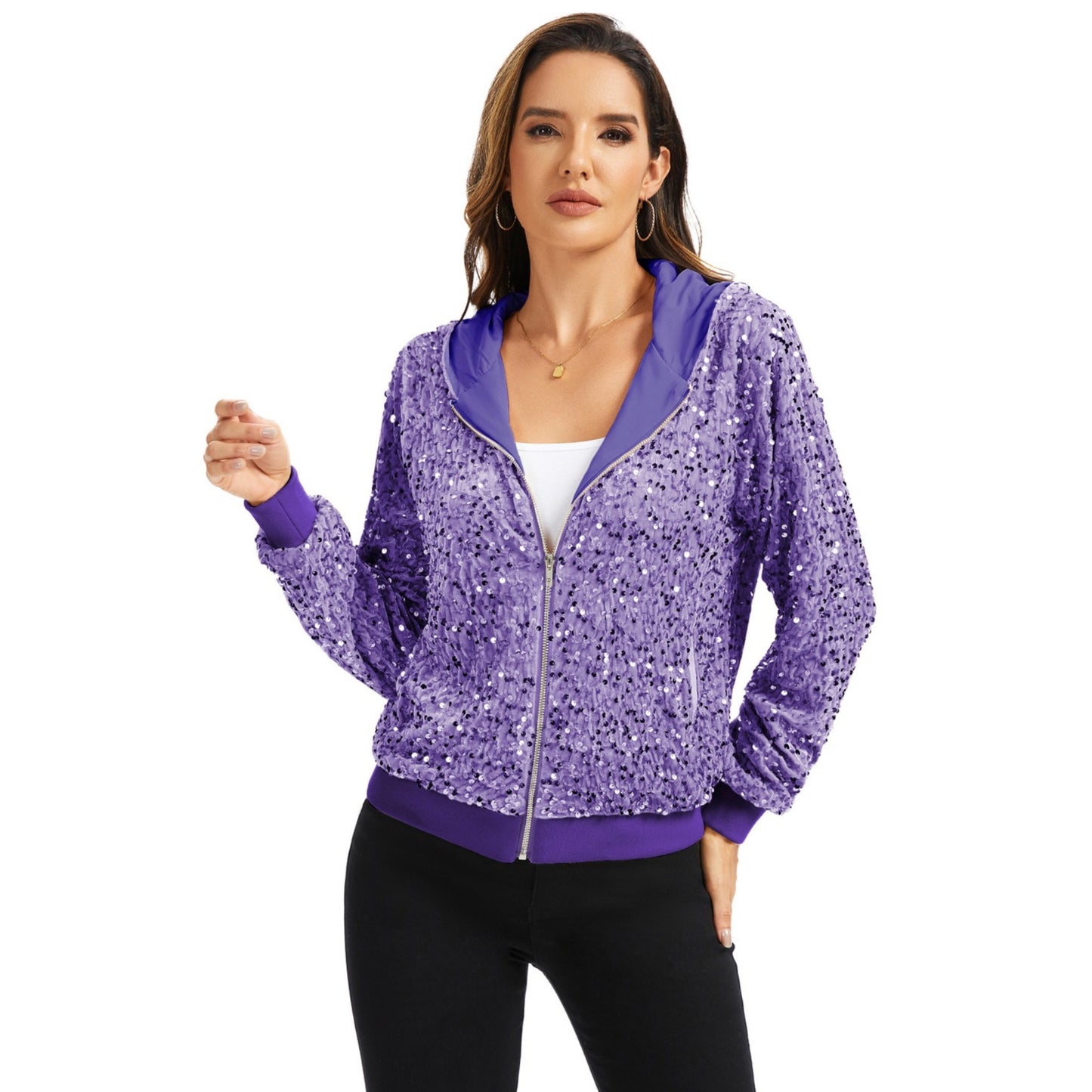 Hooded Sequin Jacket with Front Zipper Closure and Ribbed Trim