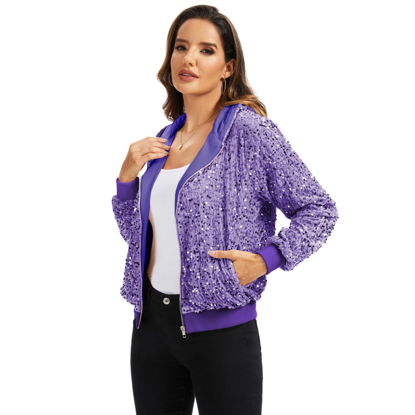 Hooded Sequin Jacket with Front Zipper Closure and Ribbed Trim