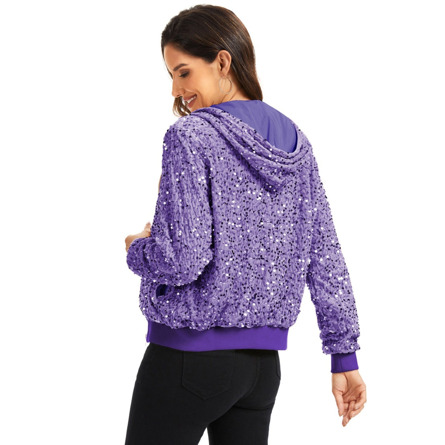 Hooded Sequin Jacket with Front Zipper Closure and Ribbed Trim
