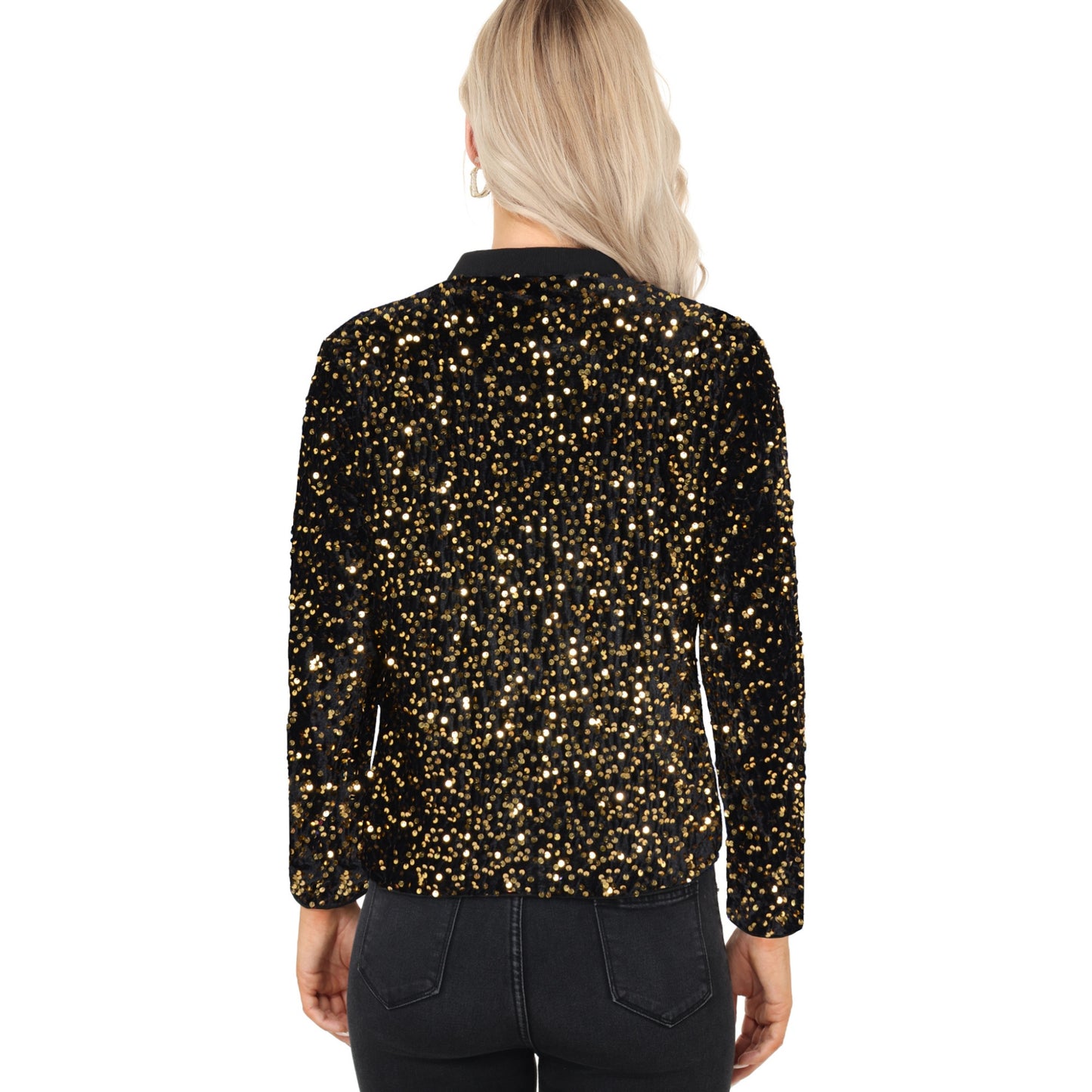 Sequin Bomber Jacket with Front Zipper Closure and Ribbed Trim