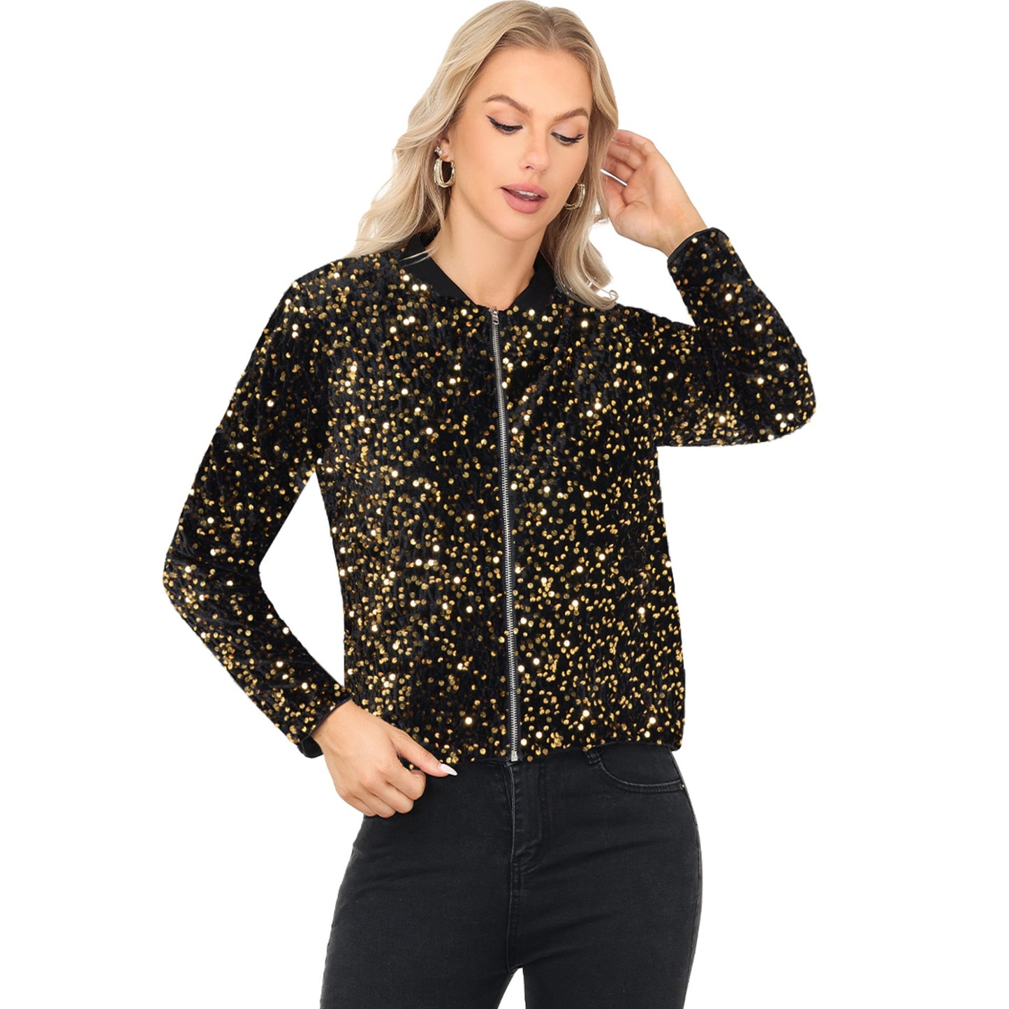 Sequin Bomber Jacket with Front Zipper Closure and Ribbed Trim