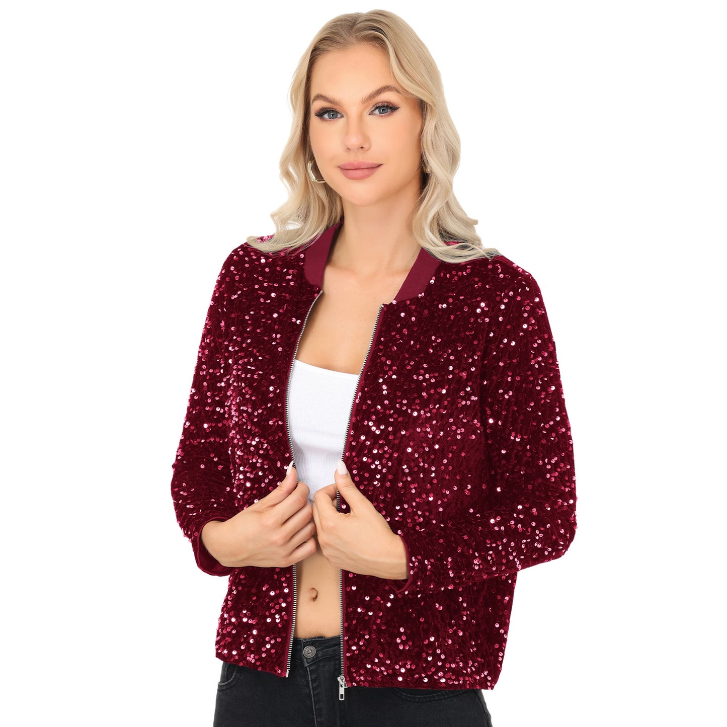 Sequin Bomber Jacket with Front Zipper Closure and Ribbed Trim