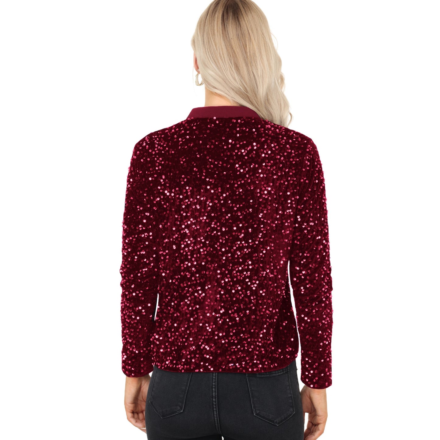 Sequin Bomber Jacket with Front Zipper Closure and Ribbed Trim
