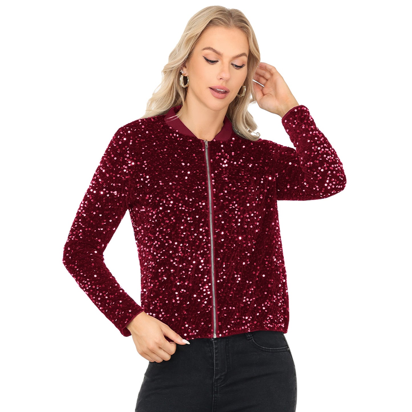 Sequin Bomber Jacket with Front Zipper Closure and Ribbed Trim