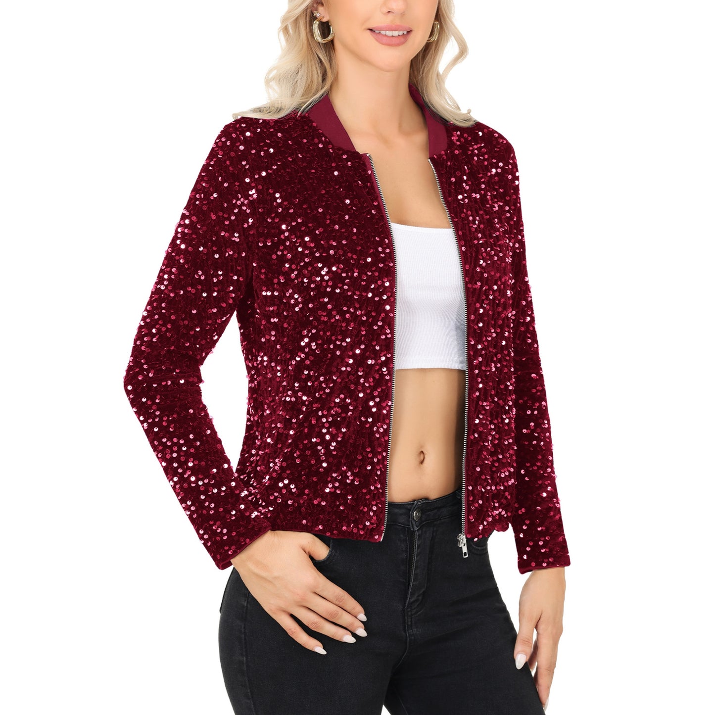 Sequin Bomber Jacket with Front Zipper Closure and Ribbed Trim