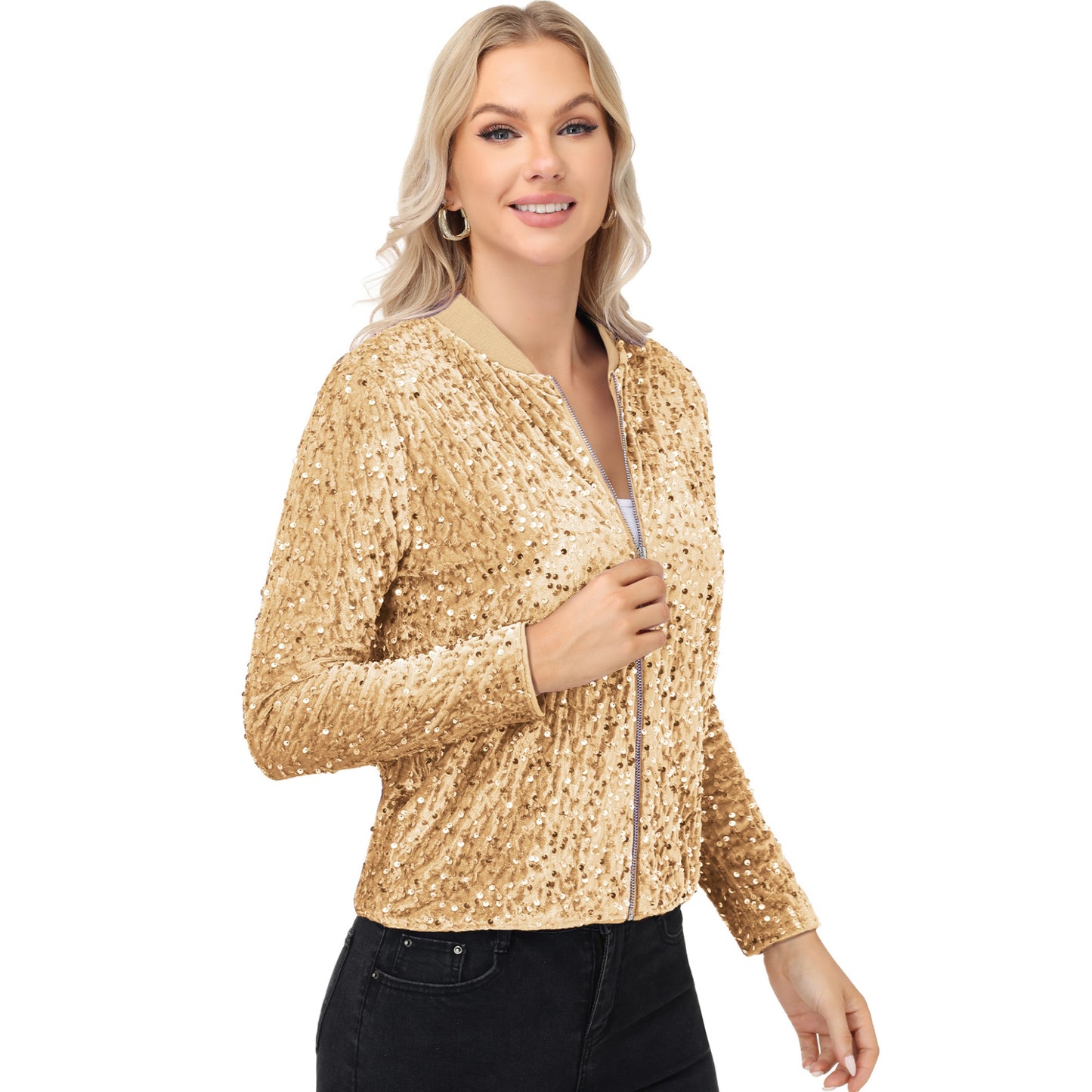 Sequin Bomber Jacket with Front Zipper Closure and Ribbed Trim