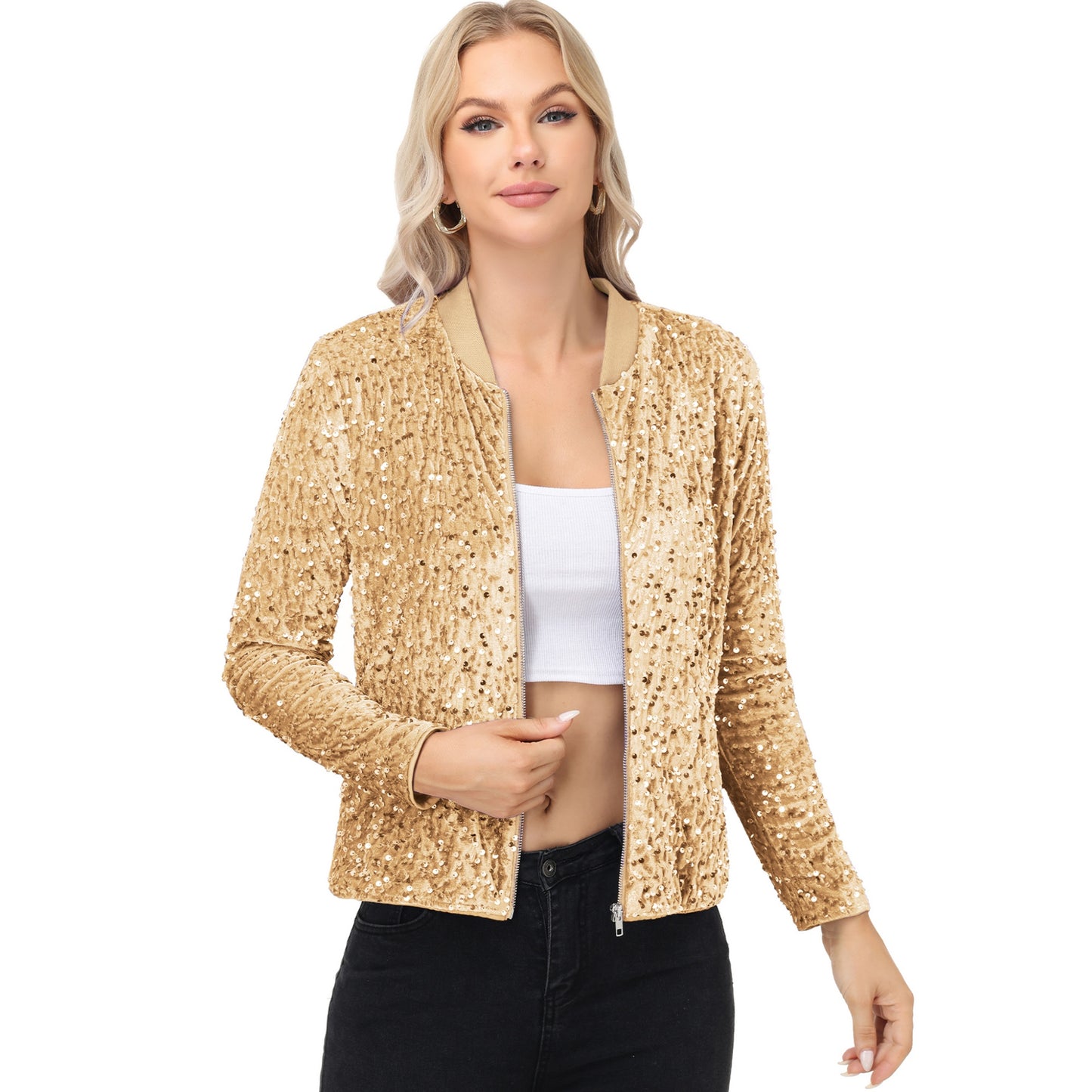 Sequin Bomber Jacket with Front Zipper Closure and Ribbed Trim