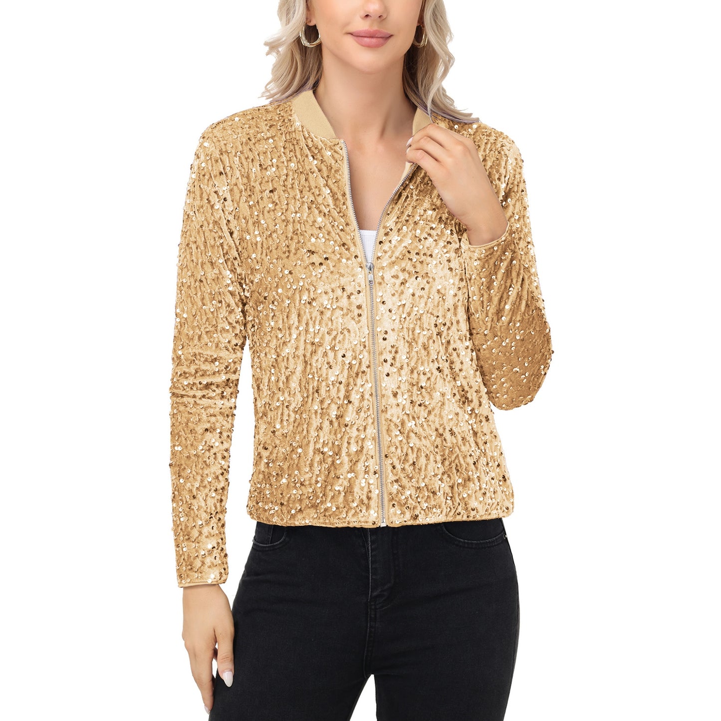 Sequin Bomber Jacket with Front Zipper Closure and Ribbed Trim