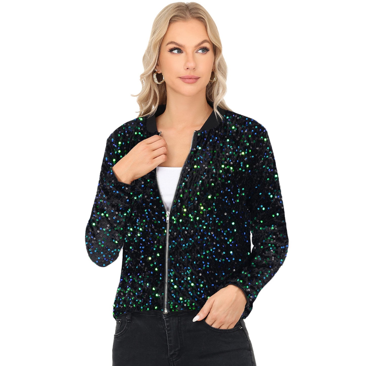 Sequin Bomber Jacket with Front Zipper Closure and Ribbed Trim
