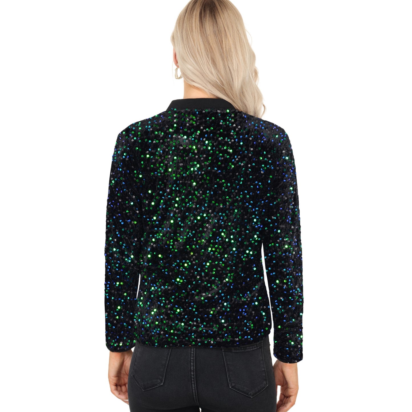 Sequin Bomber Jacket with Front Zipper Closure and Ribbed Trim