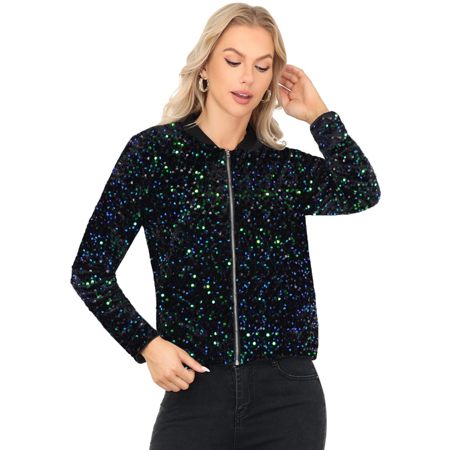 Sequin Bomber Jacket with Front Zipper Closure and Ribbed Trim
