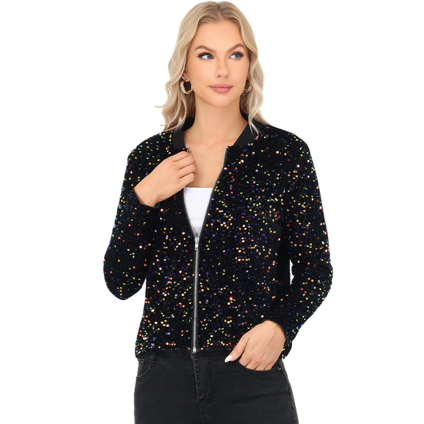 Sequin Bomber Jacket with Front Zipper Closure and Ribbed Trim