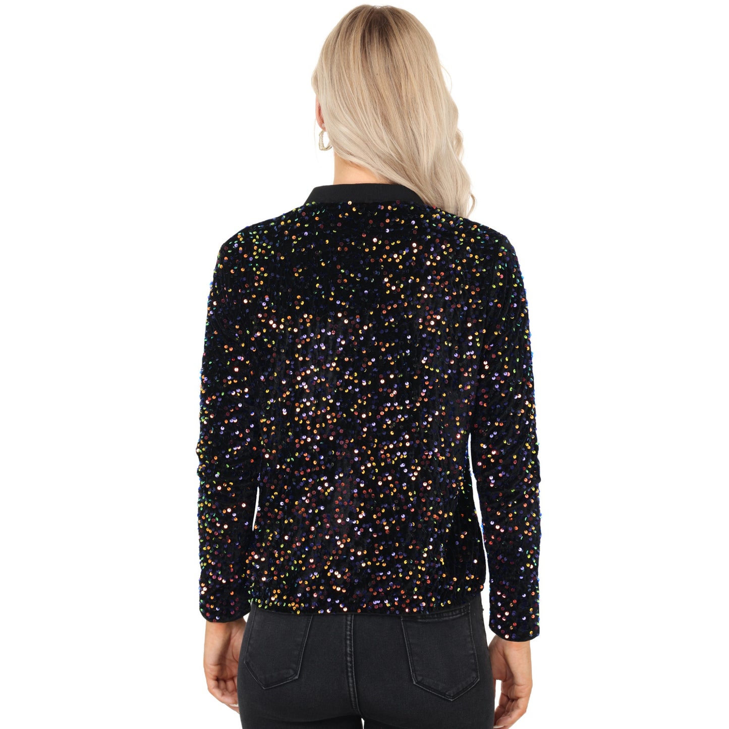 Sequin Bomber Jacket with Front Zipper Closure and Ribbed Trim