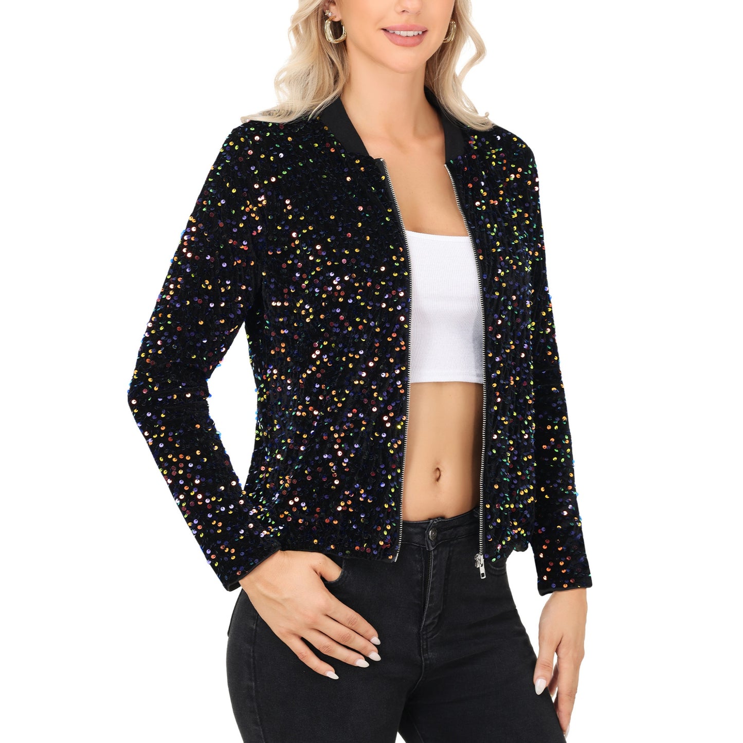 Sequin Bomber Jacket with Front Zipper Closure and Ribbed Trim