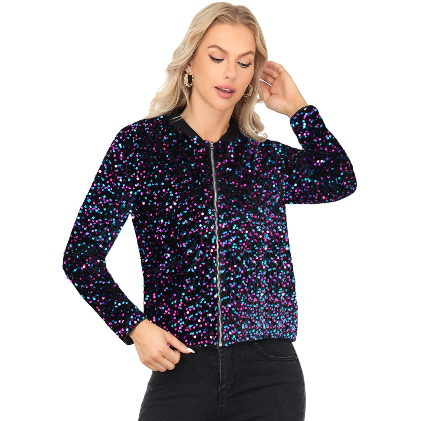 Sequin Bomber Jacket with Front Zipper Closure and Ribbed Trim