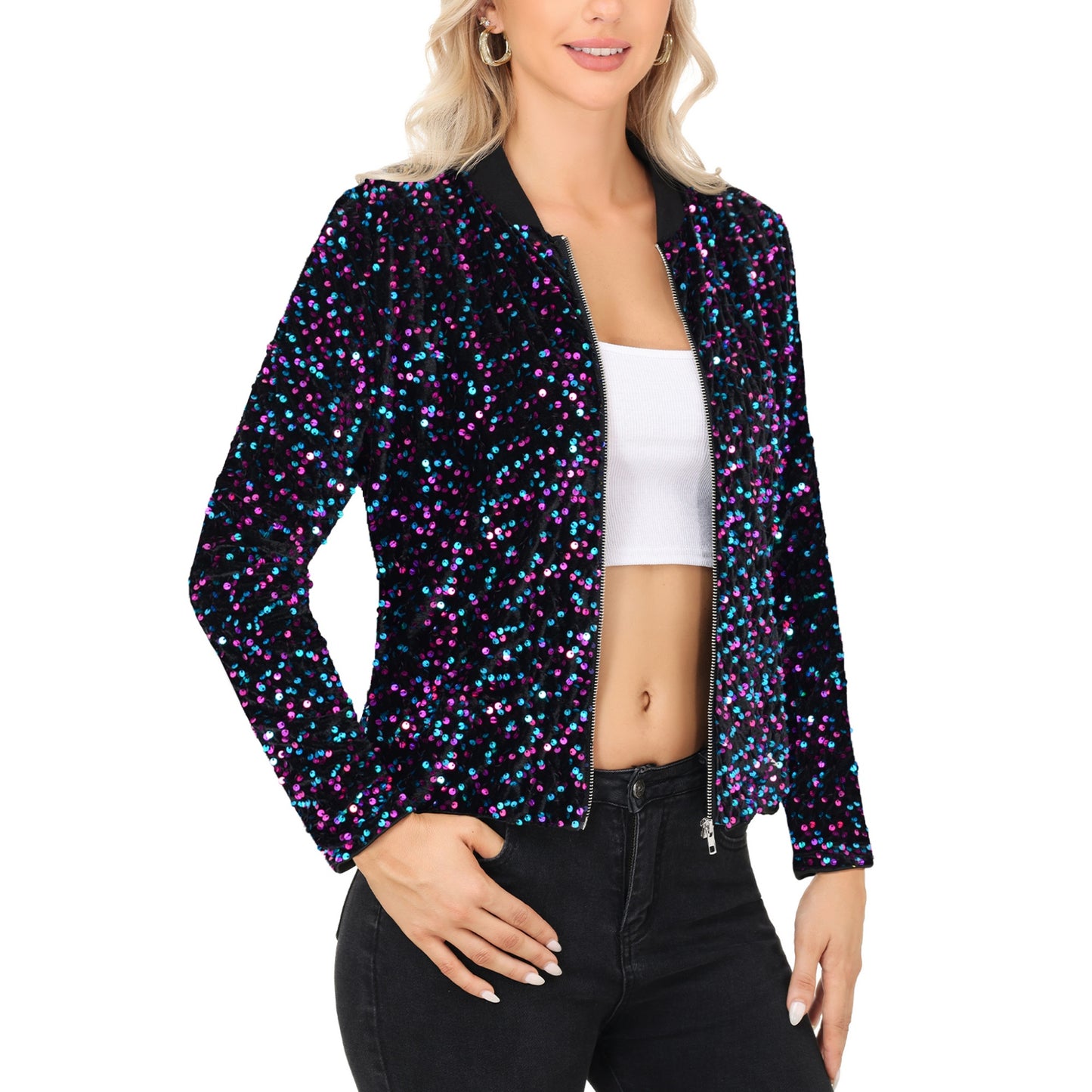 Sequin Bomber Jacket with Front Zipper Closure and Ribbed Trim