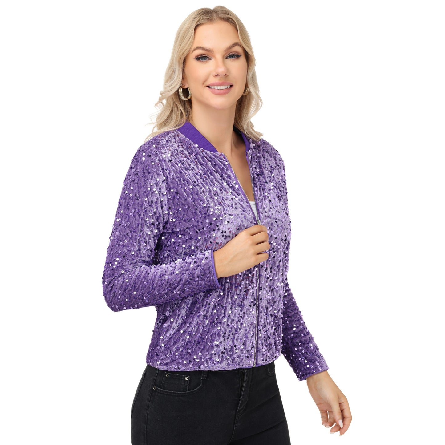 Sequin Bomber Jacket with Front Zipper Closure and Ribbed Trim