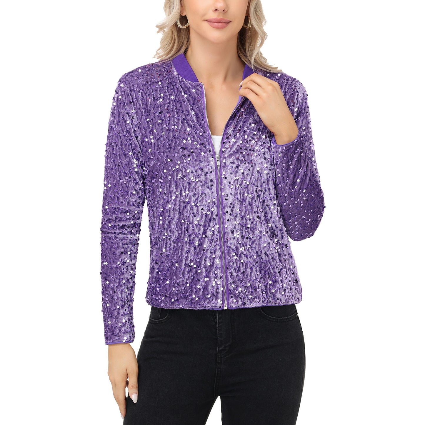 Sequin Bomber Jacket with Front Zipper Closure and Ribbed Trim