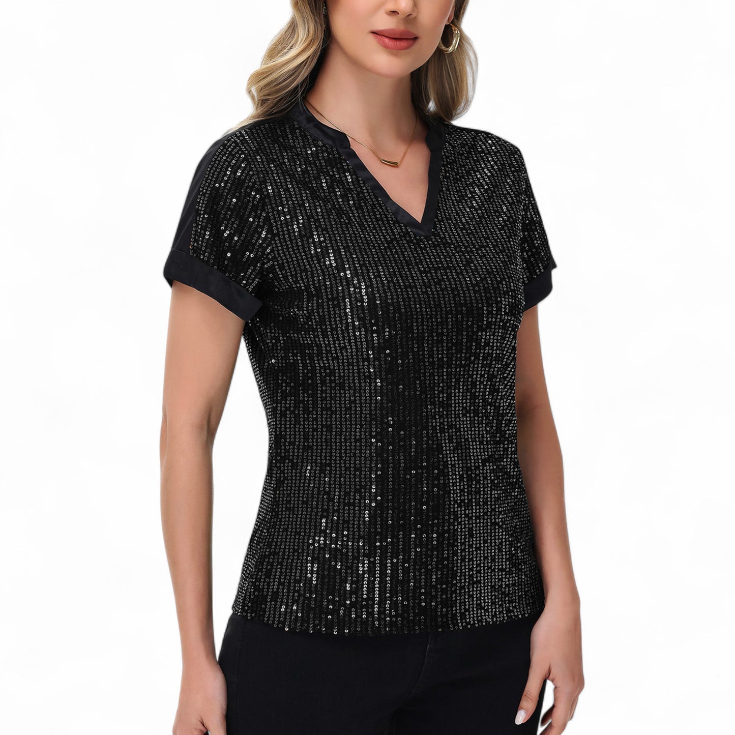 Sequin Short Sleeve Top with Satin Trim V-Neckline and Rolled Cuffs