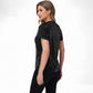 Sequin Short Sleeve Top with Satin Trim V-Neckline and Rolled Cuffs